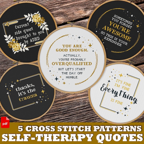 Funny Self-Therapy Cross Stitch Patterns Bundle – Sarcastic Quotes Mental Health Humor (PDF)