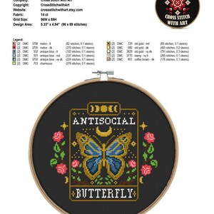 May include: Cross stitch pattern for a black and gold design with a butterfly, moon, and stars. The text "Antisocial Butterfly" is in the center of the design. The pattern is 96 stitches wide and 89 stitches high.