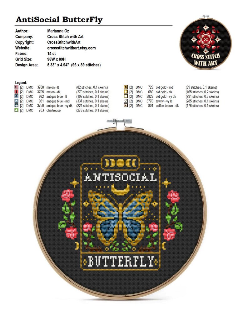 May include: Cross stitch pattern for a black and gold design with a butterfly, moon, and stars. The text "Antisocial Butterfly" is in the center of the design. The pattern is 96 stitches wide and 89 stitches high.