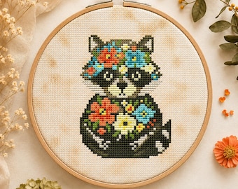 Patrón de punto de cruz de mapache floral – Mapache de la basura, bordado del bosque (patrón en PDF)