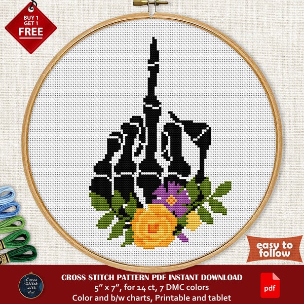 F*ck you cross stitch pattern. Funny cross stitch PDF. Skeleton Middle Finger cross stitch. Easy counted xstitch. Snarky cross stitch chart