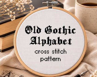 Korsstygnsmönster med gotiska alfabetet i PDF-format. Broderi med typsnitt och bokstäver.