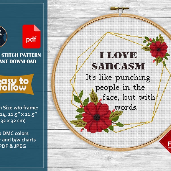 Sarcastic cross stitch pattern. Snarky cross stitch PDF.  cross stitch chart. Modern counted cross stitch, flower wreath xstitch