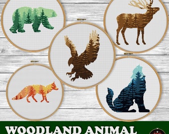 Patrones de punto de cruz de animales del bosque: zorro, ciervo, oso, lobo y águila (PDF)