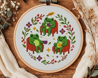 Frog Cross Stitch Pattern – Funny Cottagecore Animal Embroidery (PDF Pattern)