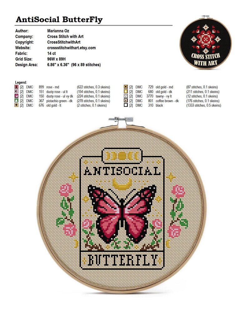 K&ouml;nnte beinhalten: Ein Kreuzstich-Stickrahmen mit dem Text "AntiSocial Butterfly". Das Design zeigt einen rosa Schmetterling, Rosen und das Wort "Ideal". Der Designbereich ist 17,42 cm x 16,15 cm (96 x 89 Stiche).