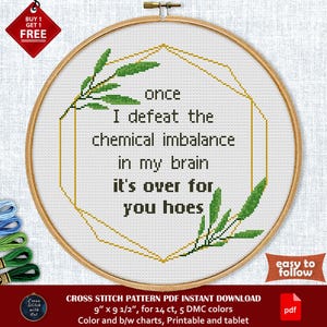 Sarcastic cross stitch pattern. Chemical Imbalance. Snarky cross-stitch PDF.  Easy modern cross stitch. Funny Mental health awareness