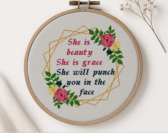 Sarcastic Feminist Cross Stitch Pattern: "She Will Punch You" (PDF Chart, Digital Download)