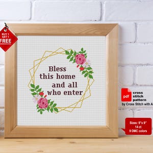 Bless This Home Cross Stitch Pattern PDF | Modern Floral cross stitch chart | Inspirational Home Decor Embroidery Design | Housewarming Gift