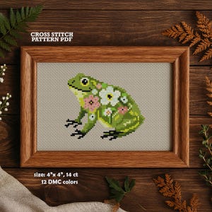 Patrón de punto de cruz de rana caprichosa (PDF): diseño floral de anfibio, decoración con estilo cottagecore, sapo con flores, gráfico de bordado fácil de animales