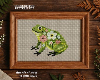 Floral Frog Cross Stitch Pattern. Cottage-core Toad, Animal Embroidery (PDF)