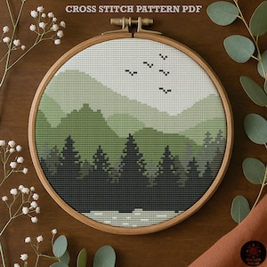 Mountains Landscape Cross Stitch Pattern PDF. Nature Forest Embroidery (Digital Download)