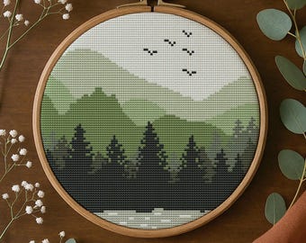 Mountains Landscape Cross Stitch Pattern PDF. Nature Forest Embroidery (Digital Download)