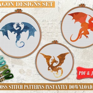 Dragons Cross stitch pattern, Animal cross stitch pattern, Modern cross stitch set, Fantasy cross stitch, Fairy cross stitch PDF, printable