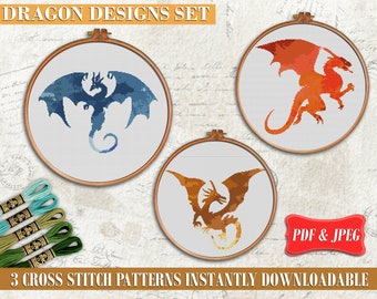 Dragons Cross stitch pattern, Animal cross stitch pattern, Modern cross stitch set, Fantasy cross stitch, Fairy cross stitch PDF, printable