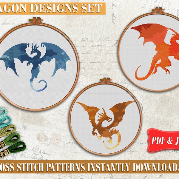 Dragons Cross stitch pattern, Animal cross stitch pattern, Modern cross stitch set, Fantasy cross stitch, Fairy cross stitch PDF, printable