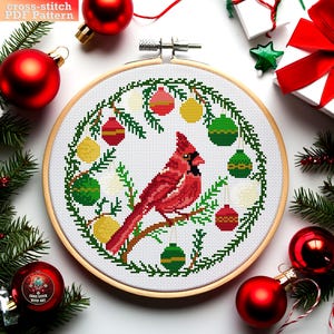 Roter Kardinal. Weihnachten Kreuzstich Muster PDF - Kreuzstich Stickmuster Winter Urlaub. DIY Weihnachtsgeschenk Dekor
