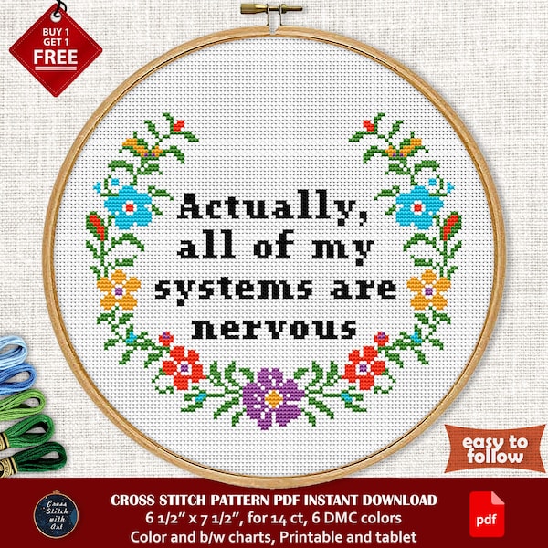 Funny cross stitch pattern PDF. All of my systems are nervous. Snarky cross stitch chart. Sarcastic cross stitch sign. Counted cross stitch