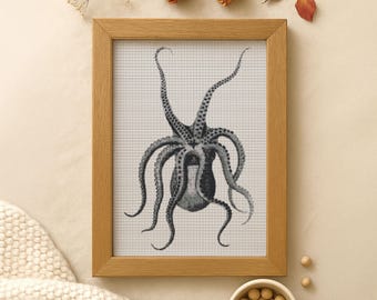 Kraken Cross Stitch Pattern PDF, Grayscale Octopus Home Decor, Nautical Embroidery Chart