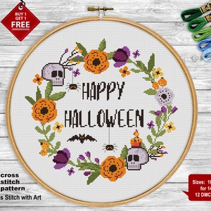 Happy Halloween cross stitch pattern. Sassy cross stitch PDF. Modern cross stitch. Flower wreath. Easy counted xstitch. Halloween embroidery image 3