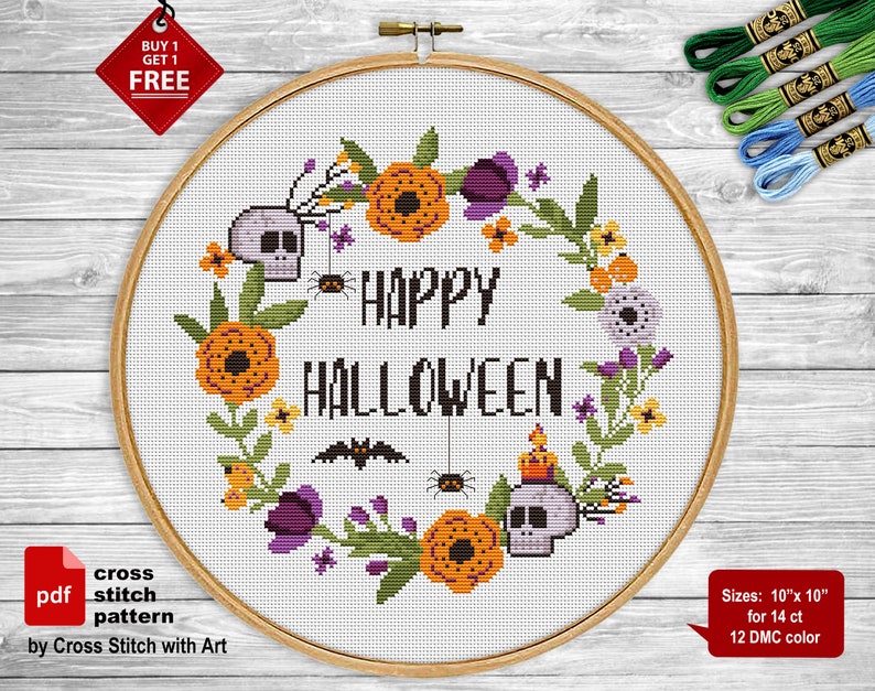 Happy Halloween cross stitch pattern. Sassy cross stitch PDF. Modern cross stitch. Flower wreath. Easy counted xstitch. Halloween embroidery image 3