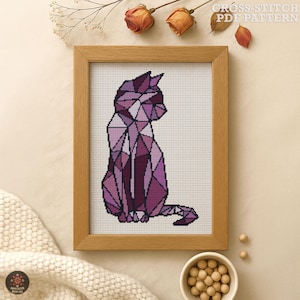 猫のクロスステッチ図案。動物のクロスステッチPDF。幾何学模様の刺繍枠アート。猫好きへのギフト。モダンなクロスステッチチャート、xstitch