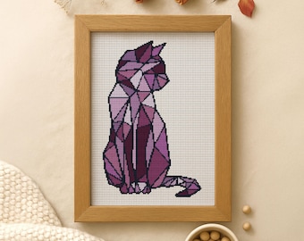 Lavender Geometric Cat Cross Stitch Pattern, Beginner Embroidery (PDF Chart)