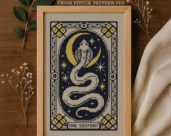 Serpent Cross Stitch Pattern – Gothic Tarot, Celestial Snake Design (PDF)