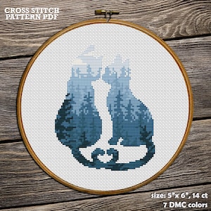 Verliebte Katzen Kreuzstich Anleitung PDF - Romantisches Katzen Paar Stickvorlage, Wald Silhouette Design, Waldtier Berg Stil Dekor