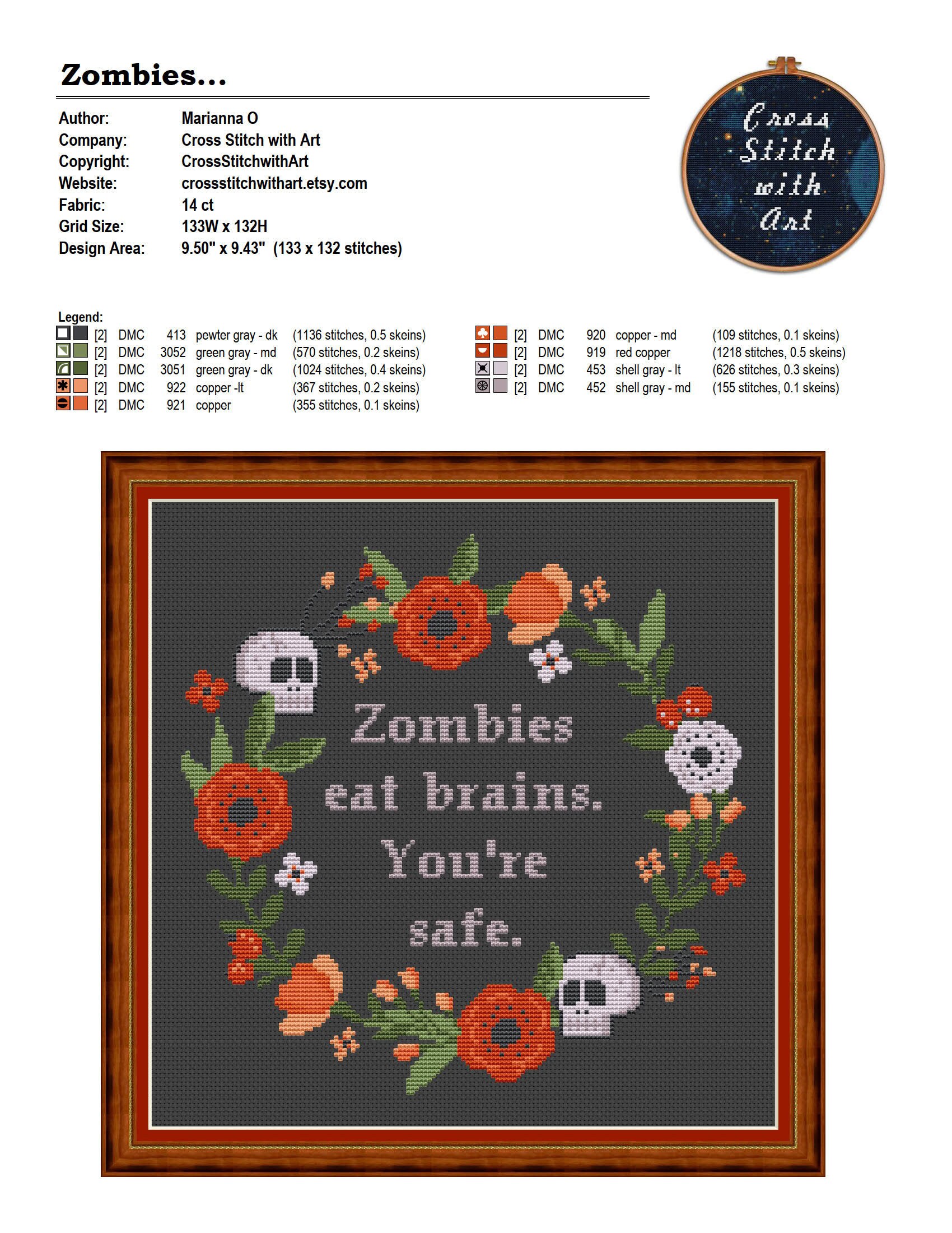 Zombie Pattern Stitch Patterns Craft Supplies & Tools digital PDF chart Zombies Eat Brains ...