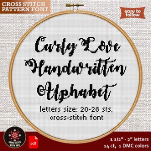 Patrón de punto de cruz con el alfabeto completo. Fuente caligráfica manuscrita en punto de cruz PDF. Letras modernas en punto de cruz. Texto de bordado con letras ABC