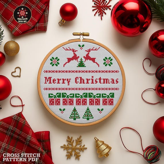 北欧風クリスマス鹿のクロスステッチ図案（PDFダウンロード） – 初心者