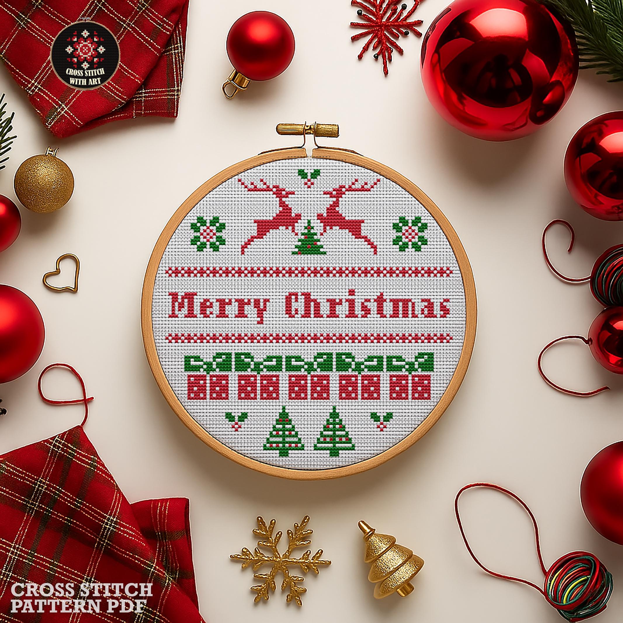 北欧風クリスマス鹿のクロスステッチ図案（PDFダウンロード） – 初心者