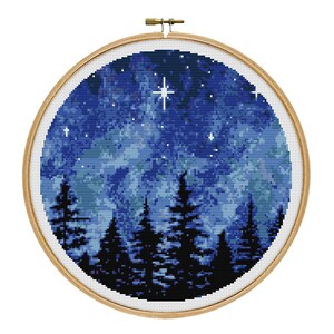 Night Forest Cross Stitch Pattern, Landscape Embroidery (PDF Download) image 4