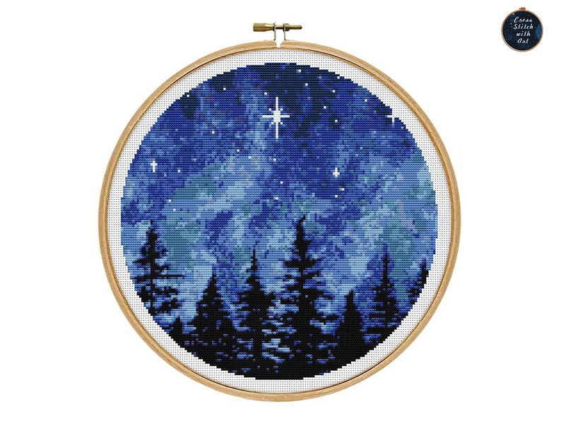 Night Forest Cross Stitch Pattern, Landscape Embroidery (PDF Download) image 4