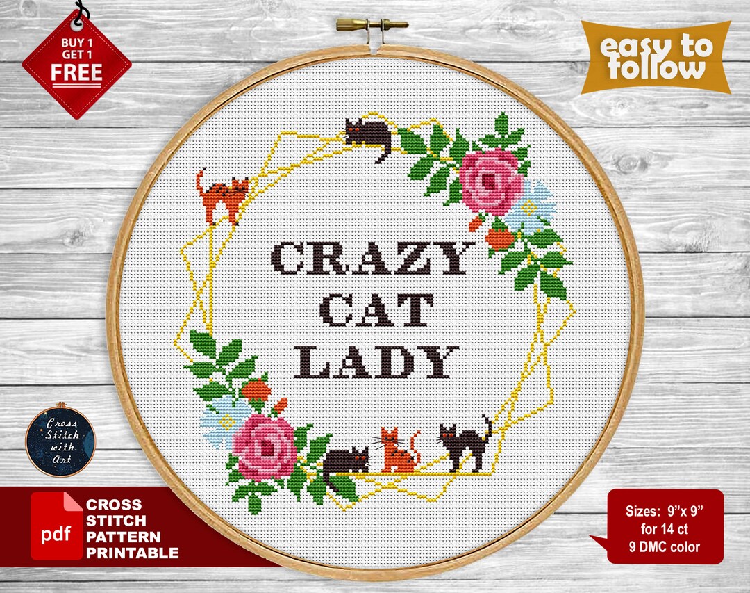 Crazy Cat Lady Cross Stitch Pattern. Cat Cross Stitch. Counted Flower ...