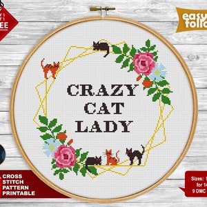 Crazy Cat Lady Cross stitch pattern. Cat cross stitch. Counted flower cross stitch wreath. Modern cross stitch PDF Snarky cross stitch quote