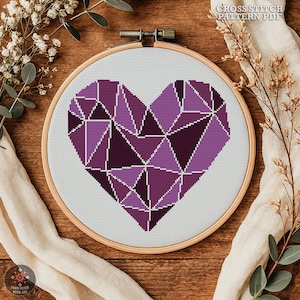 幾何学模様のハート型クロスステッチパターン：モダンな愛の刺繍（PDF 即時ダウンロード）