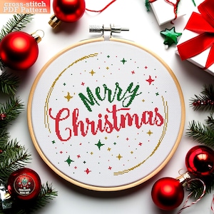 Merry Christmas Cross Stitch Pattern PDF – Easy Winter Holiday Embroidery Design with Festive Stars in Red Green and Gold.