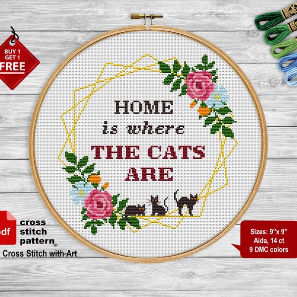 Home is where Cats Are Cross stitch pattern. Cat cross stitch. Counted flower cross stitch wreath Modern cross stitch PDF Quote cross stitch