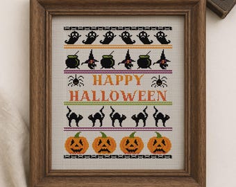 Halloween korsstygnsmönster PDF, Glad Halloween-prov, Pumpa-katt-häxa-broderi