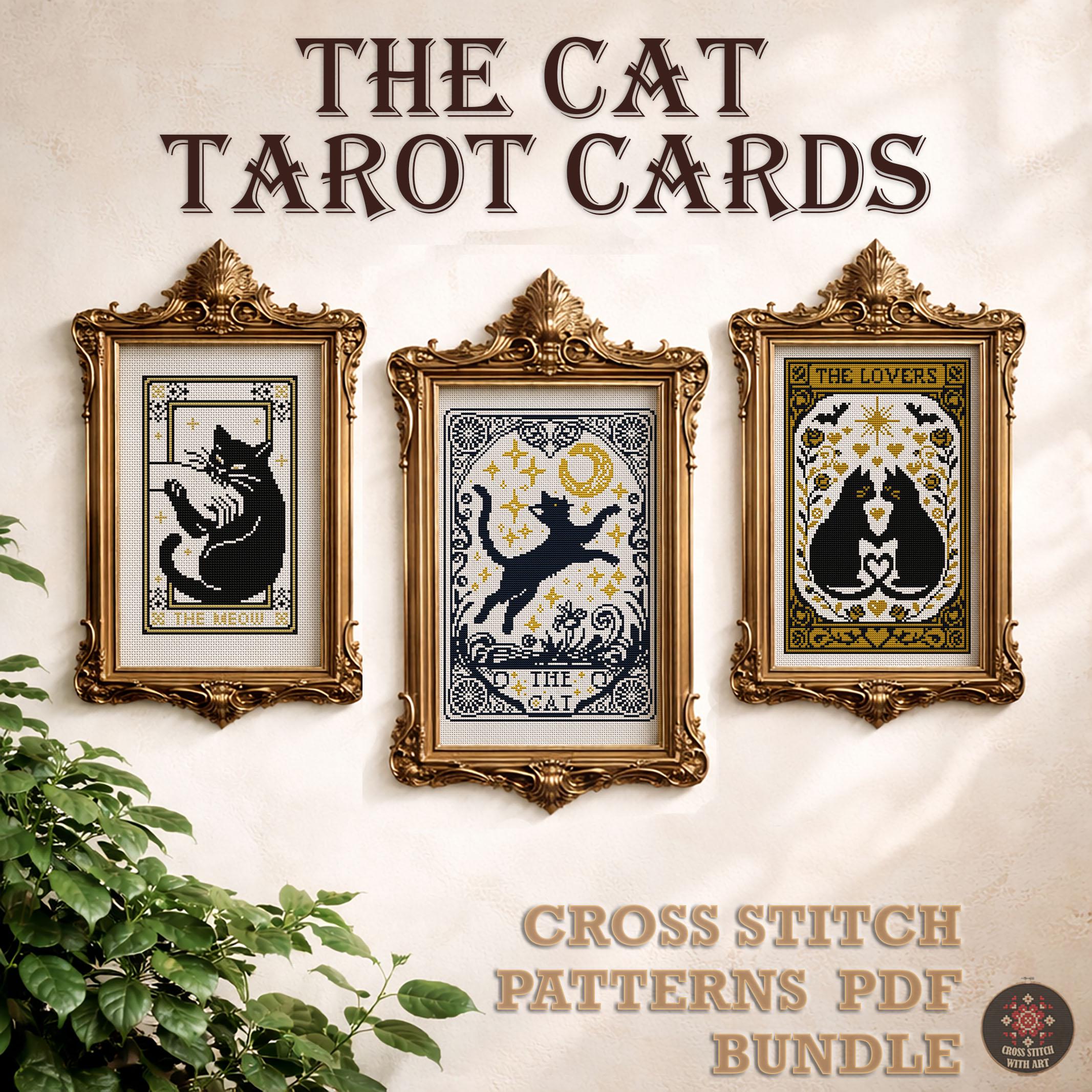 Cat Tarot Cross Stitch Patterns PDF Bundle – Gothic Cat Embroidery