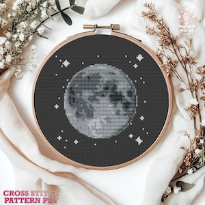 Lunar – Celestial Cross Stitch Pattern – Moon Embroidery, Night Sky Decor (PDF Pattern)