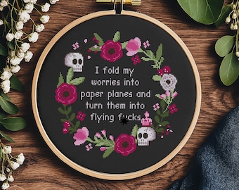 Funny Floral Skull Cross Stitch Pattern, Snarky Sweary Design (PDF Download)