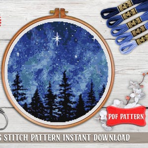 Night Forest Cross Stitch Pattern, Landscape Embroidery (PDF Download) image 2