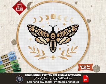 Mystical Moth cross stitch pattern. DeadHead Butterfly cross stitch PDF. Moon phases cross stitch. Modern counted cross stitch Esoteric sign