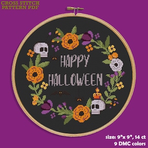 Happy Halloween cross stitch pattern. Sassy cross stitch PDF. Modern cross stitch. Flower wreath. Easy counted xstitch. Halloween embroidery
