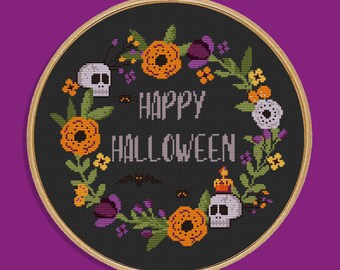 Happy Halloween Cross Stitch Pattern: Sassy Floral Wreath (PDF Download)
