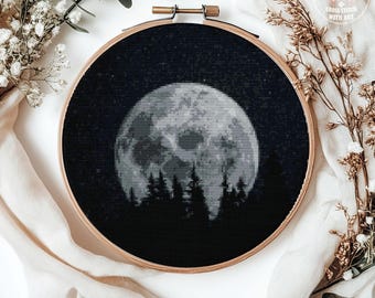 Moon Landscape Cross Stitch Pattern, Night Sky Forest Embroidery (PDF, Full Coverage)