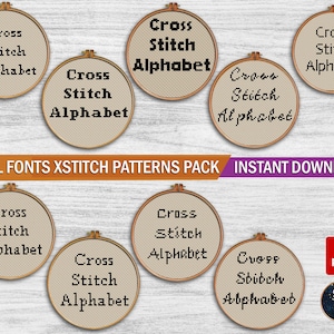 9 Padrões de ponto cruz com alfabeto. Amostra de ponto cruz ABC. PDF de ponto cruz com fonte pequena. Bordado de letras em ponto cruz moderno com texto.